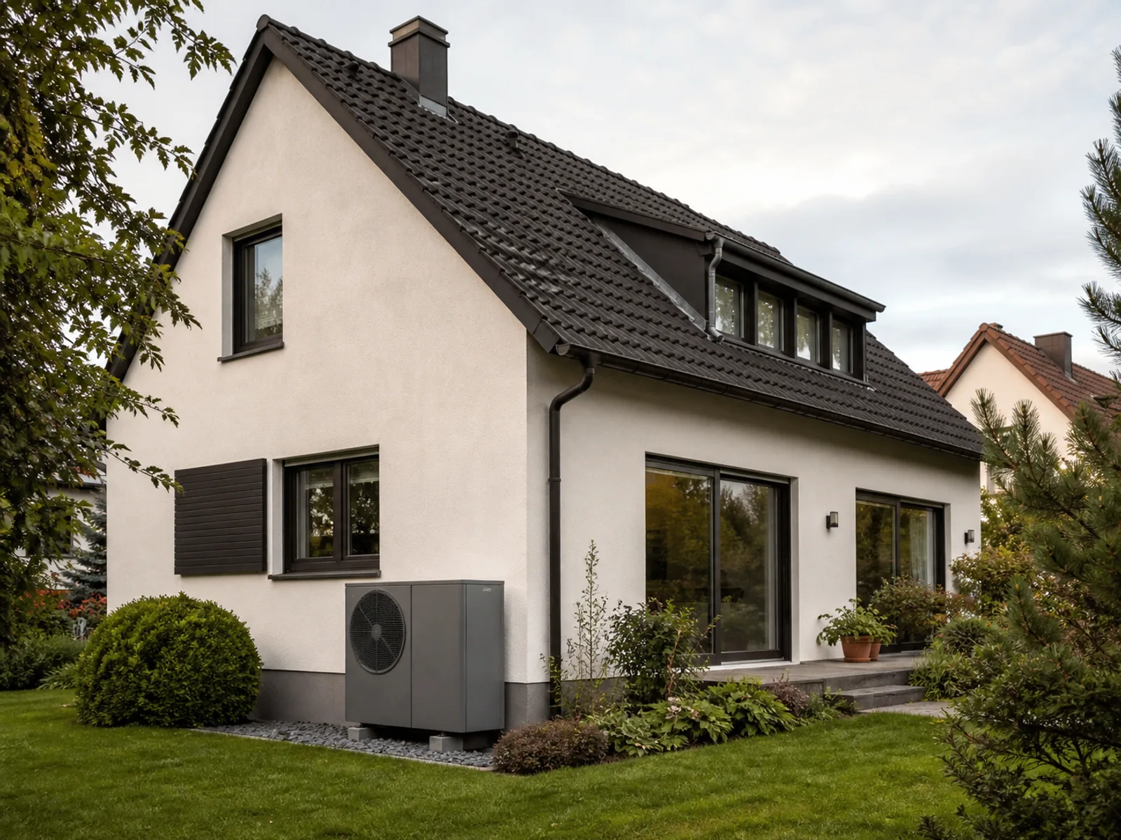 Modernisiertes deutsches Bestandsgebäude mit Wärmepumpe – illustrative Visualisierung