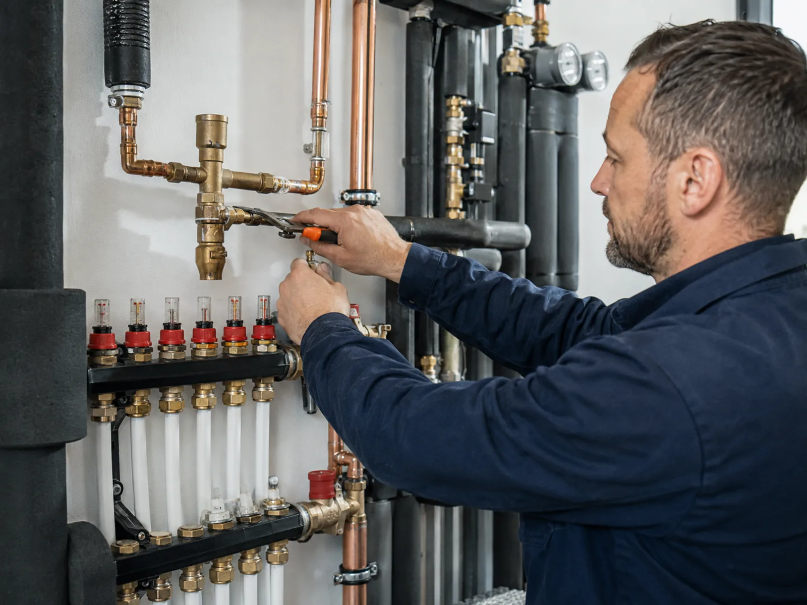 Heizungstechniker bei der Arbeit an Rohrleitungen im Technikraum – illustratives Motiv
